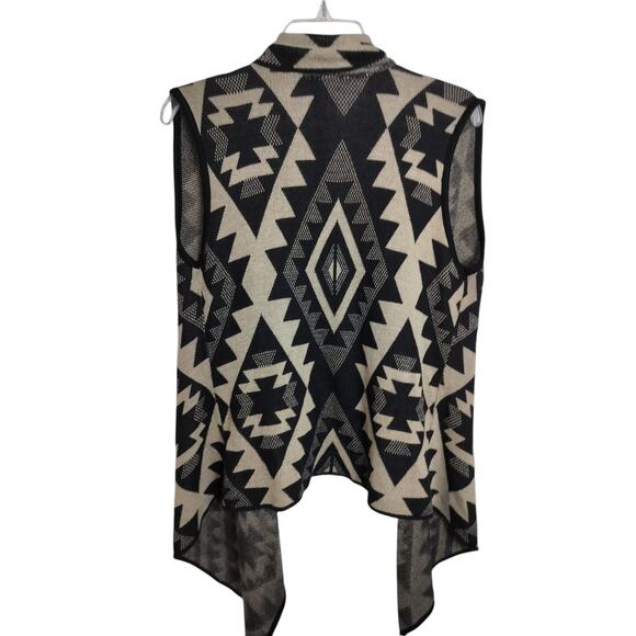 4346)Say What Open Drape Knitted Aztec Pattern Black Beige Boho Cardigan Medium - Picture 2 of 7